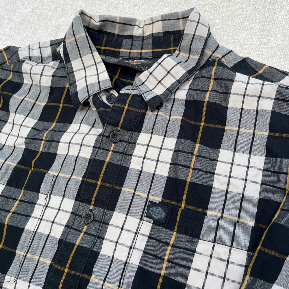 Harley-Davidson Mens XL Plaid Short Sleeve Shirt Eagle Logo Black Yellow